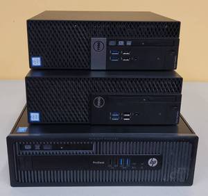 lot 791 image: (2) DELL D11S COMPUTERS AND (1) HP PRODESK 600 G1 SFF COMPUTER AS SHOWN. NO HARD DRIVES. SOLD 3 X THE MONEY