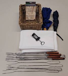 lot 798 image: LOT OF WEINER FORKS  ROASTING STICKS, BASKET AND MORE AS SHOWN.