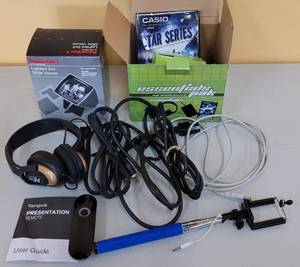 lot 805 image: TARGUS PRESENTATION REMOTE, PANA VUE 1 SLIDE VIEWER, SELFIE STICK AND MORE AS SHOWN.
