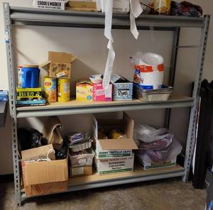 lot 806 image: METAL SHELF UNIT WITH WOODEN INSERTS AS SHOWN. CONTENTS NOT INCLUDED APPROX. 76.5 W x 18.5 D x 72 H.