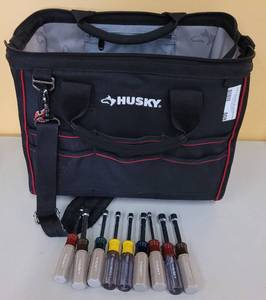 lot 808 image: HUSKY TOOL BAG WITH NUT DRIVERS AS SHOWN.