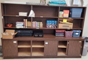 lot 840 image: LARGE STORAGE CABINET WITH SHELVES COMBO IN STYLE SHOWN. APPROX. 108 W x 20.5 D x 72.5 H.