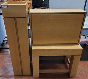 lot 834 image: WOODEN COLUMN, TABLE, AND CABINET AS SHOWN. COLUMN 12 W x 12 D x 48 H, TABLE, 30 W x 18 D x 24 H, CABINET 30 W x 9 H x 20 D. SOLD 3 X THE MONEY