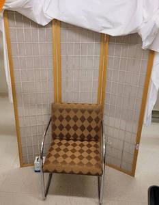 lot 848 image: 3-PANEL ROOM DIVIDER PLUS CHAIR IN STYLE SHOWN. APPROX. 53 W (EXTENDED)