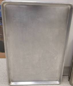 lot 879 image: (4) COMMERCIAL GRADE STAINLESS STEEL FULL SHEET BAKING PANS AS SHOWN. EACH APPROX. 26 W x 18 H. SOLD 4 X THE MONEY