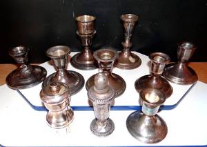 lot 195 image: LARGE COLLECTION OF VINTAGE STERLING SILVER CANDLE HOLDERS