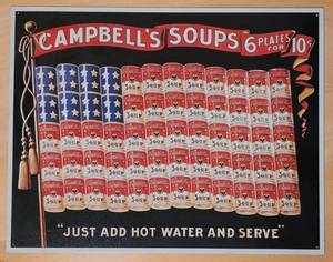 lot 34 image: VINTAGE STYLE CAMPBELLS SOUP AMERICAN FLAG TIN SIGN AS SHOWN.