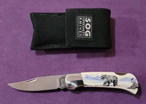 lot 45 image: SABRE KNIFE WITH FAUX SCRIMSHAW DESIGN AS SHOWN.