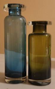 lot 55 image: (2) HEAVY GLASS DECORATIVE BOTTLES  VASES IN STYLE AND COLOR SHOWN.