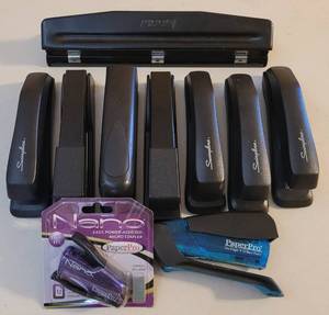lot 64 image: LOT OF STAPLERS AND HOLE PUNCHER AS SHOWN.