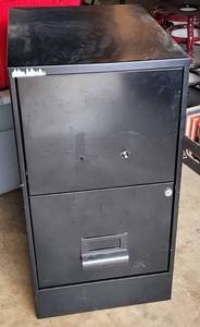 lot 120 image: 2 DRAWER BLACK VERTICAL FILING CABINET IN CONDITION AND STYLE AS SHOWN.
