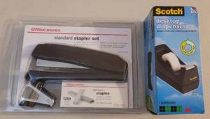 lot 146 image: BRAND NEW DESKTOP TAPE DISPENSER  STAPLER SETS IN PACKAGING AS SHOWN.