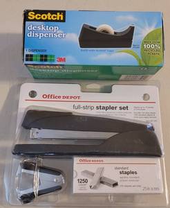 lot 135 image: BRAND NEW DESKTOP TAPE DISPENSER AND STAPLER SET IN PACKAGING AS SHOWN.