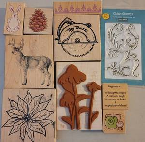 lot 148 image: LOT OF ASSORTED RUBBER STAMPS IN STYLES AS SHOWN.