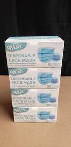 lot 40 image: 4 Boxes of Wish Disposable 3 Ply Face Masks - 50 Per Box, 200 Total Masks