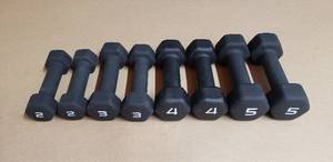 lot 119 image: 8 Piece Neoprene Hex Dumbell Set - Set Includes Pair of 2 Lb, 3 Lb, 4 Lb, and 5 Lb Dumbells