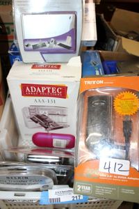 lot 217 image: Adapters, PDA Keyboard, Transfer Cables, Linksys Wireless Router, and Memory Cards - All Unopened