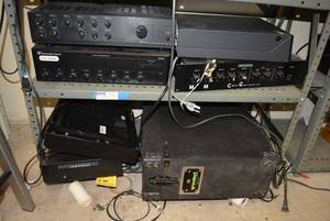 lot 81 image: Shelf Contents Sound MixerAmplifiers and Lenovo DVD Player, Audiovox DVD Player, LG DVDVCR Recorder, Grundorf