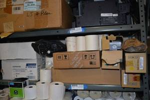 lot 85 image: Shelf Contents Toner Cartridges Dell 5110cn, HP Laserjet C4127A, Office Depot 2-Ply Paper rolls, 1 Box 9.5 x 11 Computer Paper