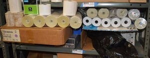 lot 86 image: Shelf Contents HP 27x, Large amount of Paper rolls for adding machines and More