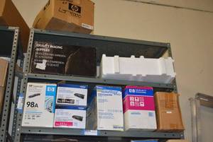 lot 89 image: Shelf Contents-Top 3 Shelves HP, Brother and Quill Toner Cartridges and More