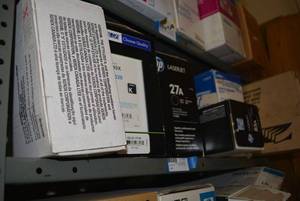lot 90 image: Shelf Contents Xerox Toner, HP Toner 27A, HP 1320 Printer, HP 85A Toner Quill Toner and Printer Ribbons