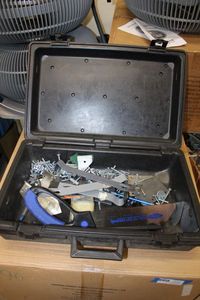 lot 13 image: Plastic Tool Box with Hand Saw Crow Bars and Screws