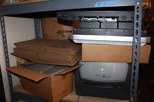 lot 213 image: Monitors, Laser Printer, and Shipping Boxes