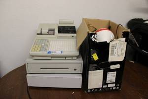 lot 435 image: Casio TK-3200 Cash Register and Cash Drawers, and Box of Power Cords and Ice Shaver