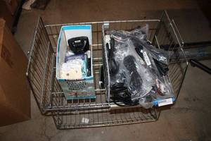 lot 407 image: Wire Basket Shelves and Contents Power Cords, Tags
