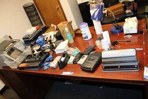 lot 515 image: Contents on Desk Tape Recorders, Desk Lamp, Printer, Hole Punch and More