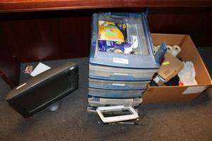 lot 520 image: Plastic Storage Unit, Monitor, Paper Rolls and More