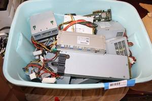 lot 304 image: BIN OF TRANSFORMERS SWITCHES BOARDS AND MORE