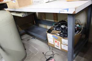 lot 331 image: Industrial Steel Leg Table with Laminate Top CONTENTS NOT INCLUDED