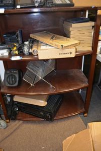 lot 559 image: CONTENTS OF BOTTOM 3 SHELVES Keyboards, Hand Held Scanners, Mobile Speaker, Kenwood Stereo Receiver System