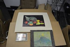 lot 626 image: Wall Art Canvas Print by Jean Bartlett, Vintage Looking Western Painting signed by Artist and Tiny Winter Scene