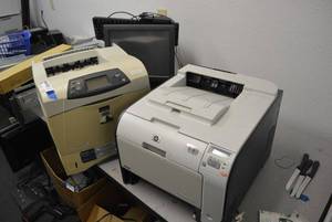 lot 582 image: HP Printer LaserJet CP2025, and HP LaserJet 4240n, Keyboard, Monitor,