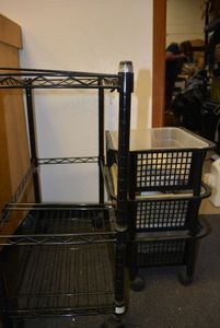lot 590 image: Small Wire Rack and Plastic Rolling Storage Unit PLUS Contents