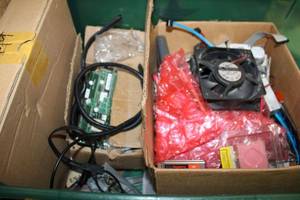 lot 209 image: Misc. Tub of Electronics HP 2200 Power Supply, Computer Fan, Circuit boards