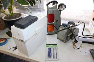 lot 649 image: Tools 4-in-1 Screwdriver, Craftsman Belt Sander, FedX Emergency LightTool Set, and Box of Tools