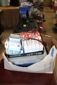 lot 645 image: Contents on Desk First Aid Boxes, Vintage Telegraph, Sony Stereo Receiver, Sperry Phase Indicator Model PSI-8031