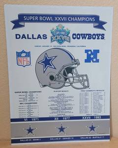 lot 8 image: VINTAGE 1993 DALLAS COWBOYS SUPER BOWL XVII CHAMPIONS TIN METAL SIGN WITH TEAM HISTORYSTATS AS SHOWN. APPROX. 14.25 W x 19.25 H.