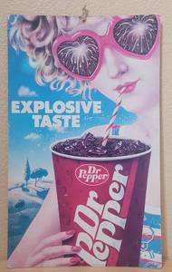 lot 9 image: VINTAGE 1985 DR. PEPPER DOUBLE SIDED CARDBOARD ADVERTISING SIGN IN STYLE SHOWN. APPROX. 11 W x 18 H.