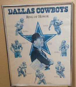 lot 16 image: LARGE VINTAGE 1993 DALLAS COWBOYS RING OF HONOR 1993 INDUCTEE HEAD COACH TOM LANDY FRAMED POSTER AS SHOWN. MEMBERS INCLUDED ROGER STAUBACH, BOB LILLY, MEL RENFRO, LEE ROY JORDAN, DON MEREDITH, CHUCK HOWLEY, AND DON PERKINS. APPROX. 22.5 W x 28.5 H.