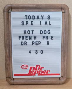lot 20 image: VINTAGE 1984 DR. PEPPER MENU BOARD STYLE COUNTERTOP  WALL SIGN AS SHOWN. APROX. 13.75 W x 17.5 H.