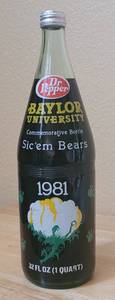 lot 35 image: VINTAGE 1980  1981 DR. PEPPER BAYLOR UNIVERSITY SOUTHWEST CONFERENCE CHAMPIONS 32 OZ COMMEMORATIVE BOTTLE AS SHOWN.