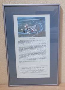 lot 37 image: VINTAGE 1988 FRAMED LIMITED EDITION 3131000 SIGNED PIRATES BOUNTY F-8 CRUSADER LITOGRAPH WITH CERTIFICATE OF AUTHENTICITY AS SHOWN. SIGNED BY MIKE MACHAT. APPROX. 9 W x 14 H.