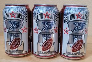 lot 55 image: (3) 1998 DR. PEPPER STEPHENVILLE YELLOW JACKETS UIL 4A STATE CHAMPIONS COMMEMORATIVE 12 OZ UNOPENED CANS AS SHOWN. (SOLD 3 X THE MONEY)