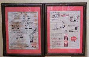 lot 61 image: (1) 1962 AND (1) 1963 FRAMED VINTAGE DR. PEPPER PRESENTS HARMON BY JOHNNY HART ADVERTISEMENTS AS SHOWN. APPROX. 14 W x 17.5 H (EACH),