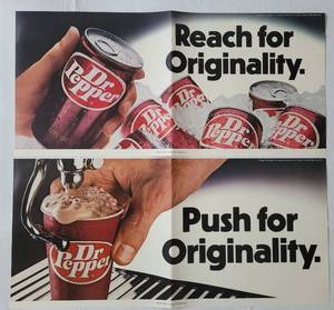lot 62 image: RARE FIND (2) VINTAGE 1976 DR. PEPPER ADVERTISING ADS IN IMMACULATE CONDITION FOR THEIR AGE AS SHOWN. THESE WERE NEVER USED  DISPLAYED. TAKE A LOOK (SOLD 2 X THE MONEY) APPROX. 22 W x 10.25 H (EACH).
